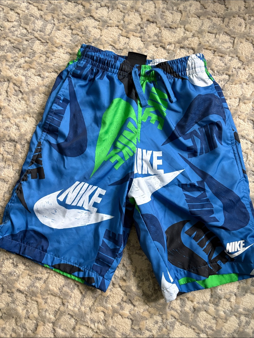 Nike Blue Logo Swim Shorts with Green Accents